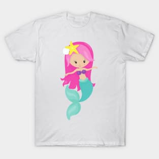 Cute Mermaid, Little Mermaid, Pink Hair, Starfish T-Shirt